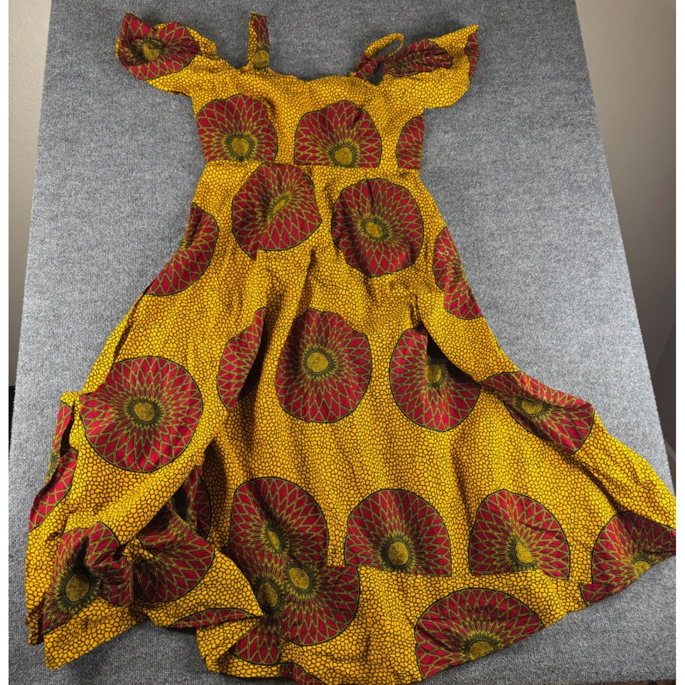 African Wax Print‎ Maxi Dress Yellow Red Cold Shoulder Sunburst Geometric Large